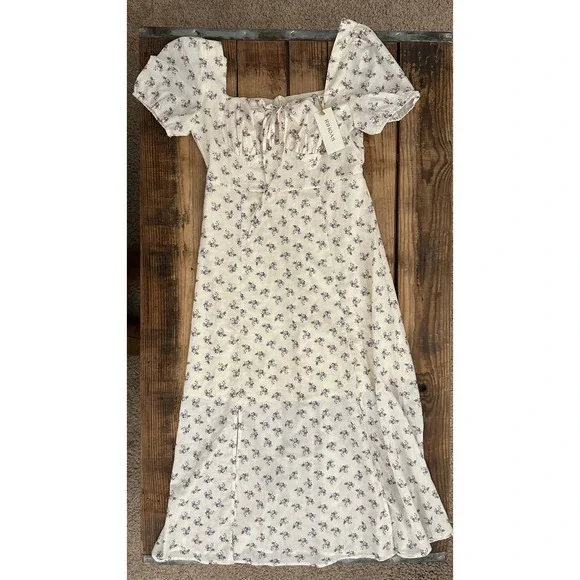 NWT RIHOAS Floral Tie Front Puff Sleeve Midi Dress Cream Purple Cottagecore - Picture 1 of 4